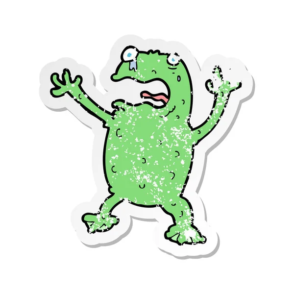 Retro Distressed Sticker Cartoon Frightened Frog — Stock Vector