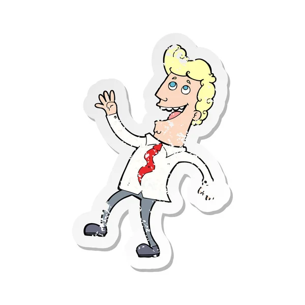 Retro Distressed Sticker Cartoon Happy Office Man — Stock Vector