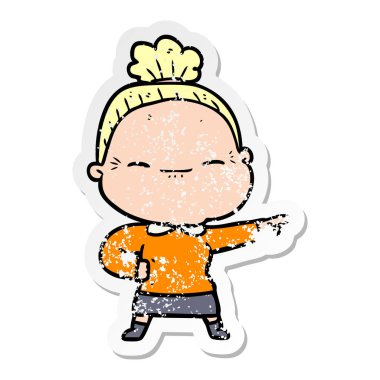 bir çizgi film huzurlu yaşlı kadının sıkıntılı etiket