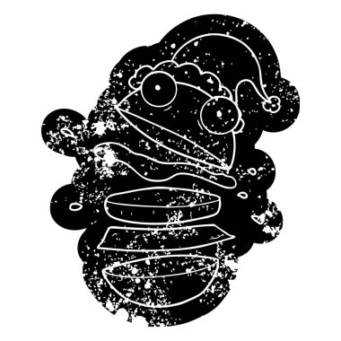 Noel Baba şapkası giyen bir şaşırtıcı Burger ilginç karikatür sıkıntılı simgesi