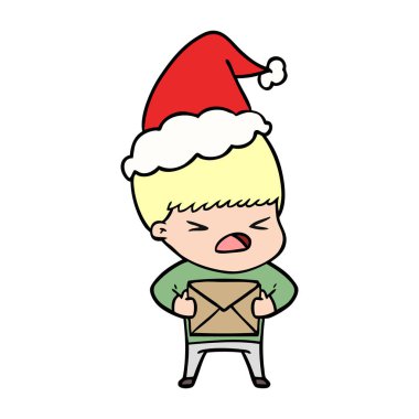 çizim için Noel Baba şapkası giyen stresli bir adamın el çekilmiş