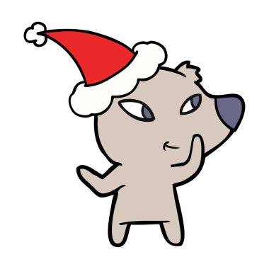 şirin el çizim için Noel Baba şapkası giyen bir ayının çekilmiş
