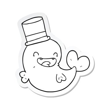 etiket bir karikatür gülen balinanın silindir şapka ile