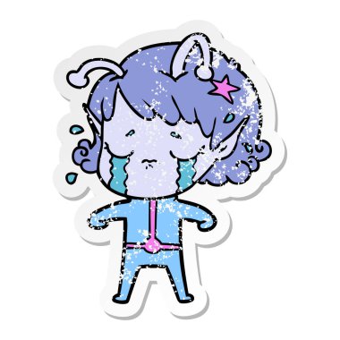 bir çizgi film ağlayan uzaylı kızın sıkıntılı etiket