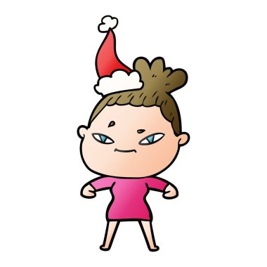 Noel Baba şapkası giyen bir kadın, degrade çizgi film el çekilmiş