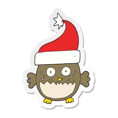 etiket Noel şapka giymiş bir karikatür baykuş