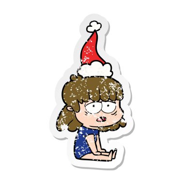 sıkıntılı etiket karikatür Noel Baba şapkası giyen yorgun bir kadının el çekilmiş