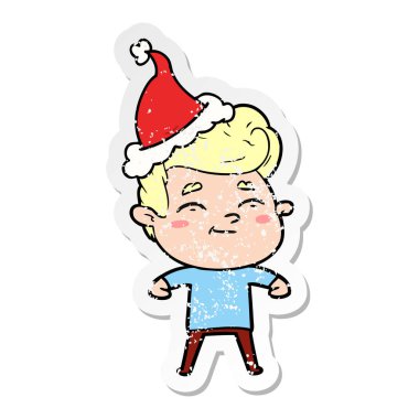 mutlu el sıkıntılı etiket karikatür Noel Baba şapkası giyen bir adamın çekilmiş