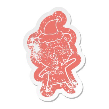 oyuncak ayı ilginç karikatür sıkıntılı etiket giyen Noel Baba şapkası, gülüyor