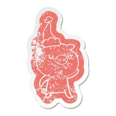 Noel Baba şapkası giyen bir domuz mutlu karikatür sıkıntılı etiket