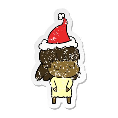 sıkıntılı etiket karikatür Noel Baba şapkası giyen bir kayıtsız kadının el çekilmiş