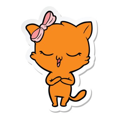 etiket üzerinde kafa yay ile bir karikatür kedi