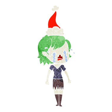 Noel Baba şapkası giyen ağlayan bir vampir kız retro çizgi film el çekilmiş