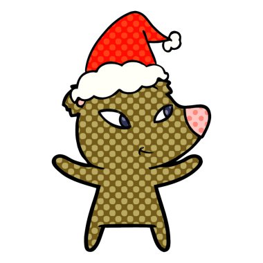 çizgi roman tarzı illüstrasyon Noel Baba şapkası giyen bir ayının şirin el çekilmiş