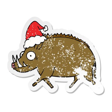 Noel Baba şapkası giyen bir yaban domuzu sıkıntılı etiket karikatür el çekilmiş