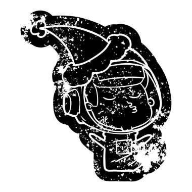 santa şapka takıyor kendine güvenen bir astronotun ilginç karikatür sıkıntılı simgesi