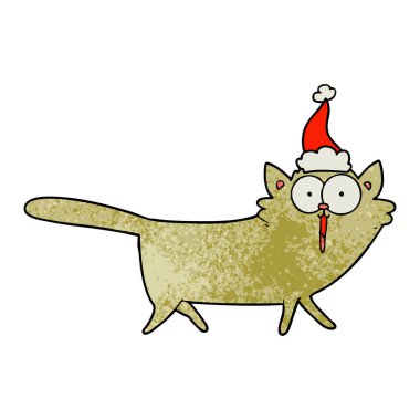 Noel Baba şapkası giyen bir kedi dokulu çizgi film el çekilmiş