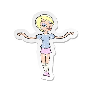 Retro etiket açık kol gest yapma bir karikatür kadının sıkıntılı