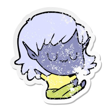 oturan bir mutlu karikatür elf kızın sıkıntılı etiket