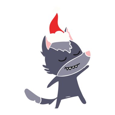 düz renk illüstrasyon Noel Baba şapkası giyen bir kurt dostu el çekilmiş