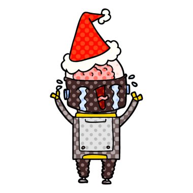 çizgi roman tarzı illüstrasyon santa şapka ağlayan bir robot el çekilmiş