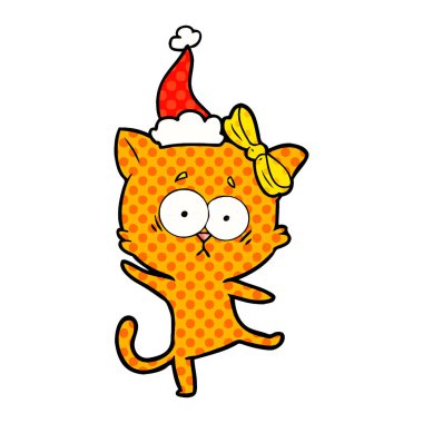 Noel Baba şapkası giyen bir kedi çizgi roman tarzı gösteren resim