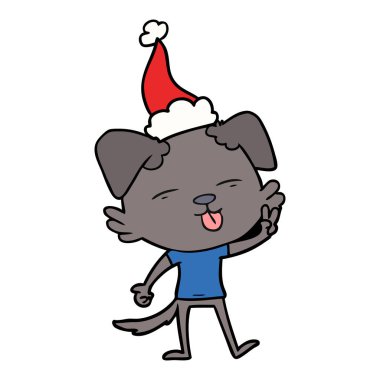 Noel Baba şapkası giyen dilini bir köpek çizim için