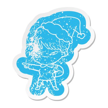 Noel Baba şapkası giyen bir mutlu kadın ilginç karikatür sıkıntılı etiket