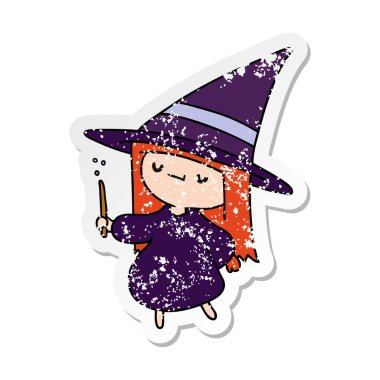 bir şirin kawaii cadı kızın sıkıntılı etiket çizgi film