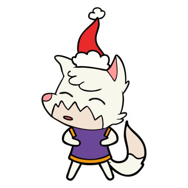 çizim için Noel Baba şapkası giyen bir tilkinin el çekilmiş