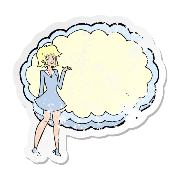 Ρετρό Ταραγμένη Αυτοκόλλητο Ενός Καρτούν Φιλικό Γυναίκα Σύννεφο Χώρο Κειμένου — Διανυσματικό Αρχείο