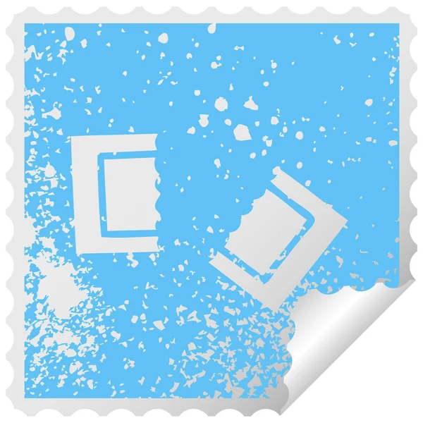 Distressed square peeling sticker symbol cinema ticket — Stock Vector