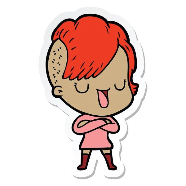 Sticker Cute Cartoon Girl Hipster Haircut — Stock Vector