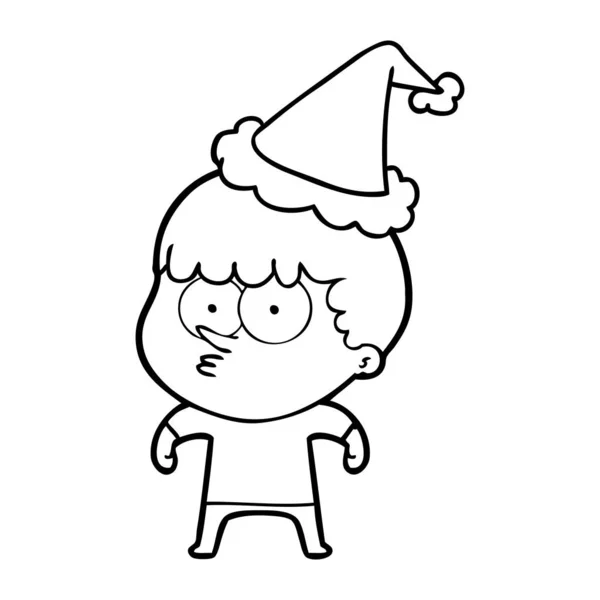 Dibujo Línea Dibujado Mano Niño Curioso Con Sombrero Santa — Vector de stock