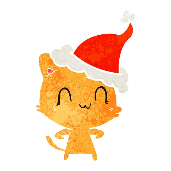 Desenho Animado Retro Desenhado Mão Gato Feliz Usando Chapéu Santa —  Vetores de Stock