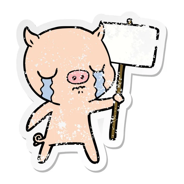 Autocollant affligé d'un cochon de dessin animé pleurant avec poteau indicateur — Image vectorielle