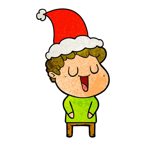 Laughing Hand Drawn Textured Cartoon Man Wearing Santa Hat — Stock Vector