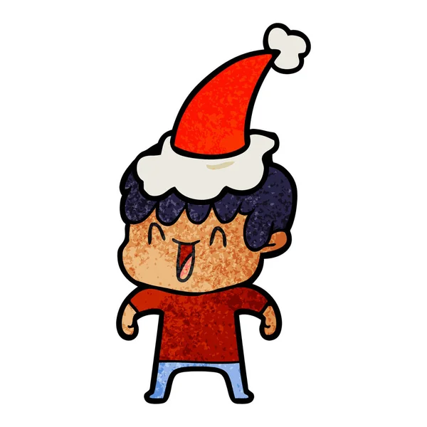 Texturierte Karikatur eines lachenden Jungen mit Weihnachtsmütze — Stockvektor