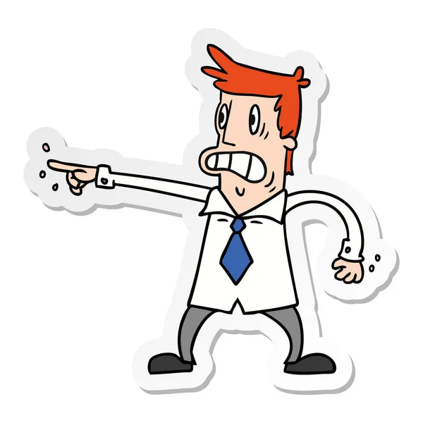 Hand Drawn Sticker Cartoon Doodle Man Pointing Looking Worried — Stock Vector