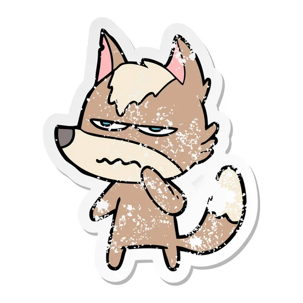 Distressed sticker of a cartoon annoyed wolf — Stock Vector