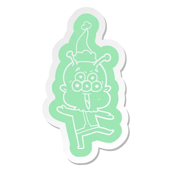Happy cartoon  sticker of a alien dancing wearing santa hat — Stock Vector