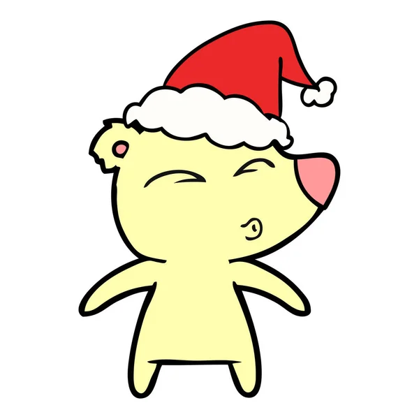 Dessin au trait d'un ours siffleur portant un chapeau de Père Noël — Image vectorielle