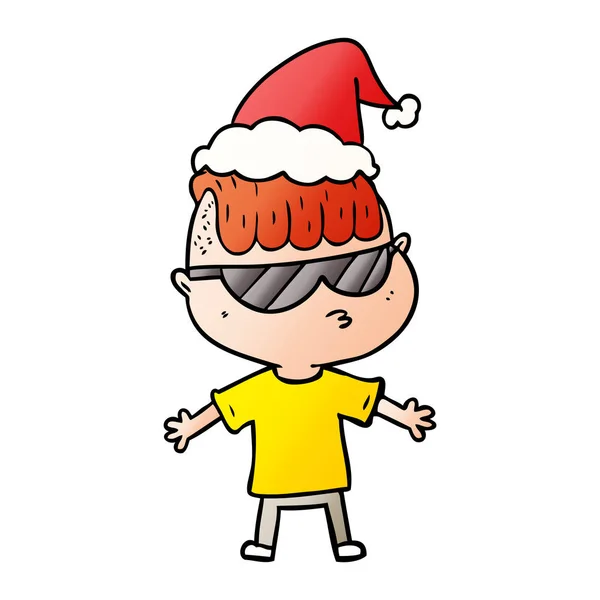 Hand Drawn Gradient Cartoon Boy Wearing Sunglasses Wearing Santa Hat — Stock Vector