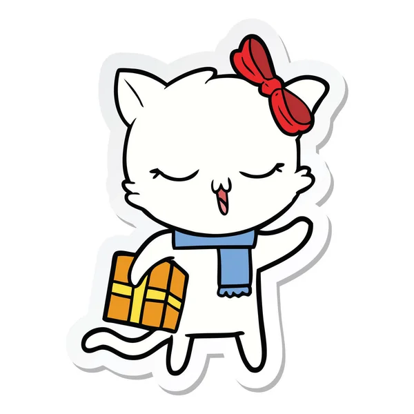 Pegatina Una Chica Dibujos Animados Gato Con Regalo Navidad — Archivo Imágenes Vectoriales