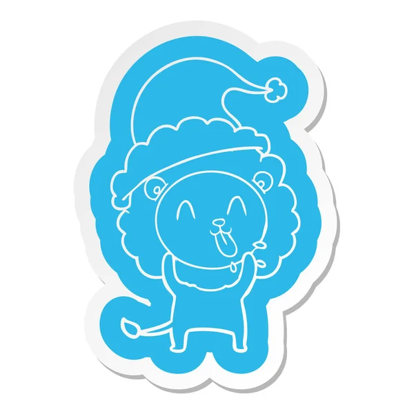 Pegatina de dibujos animados feliz de un león con sombrero de santa — Vector de stock