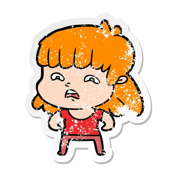Distressed Sticker Cartoon Worried Woman — Stock Vector