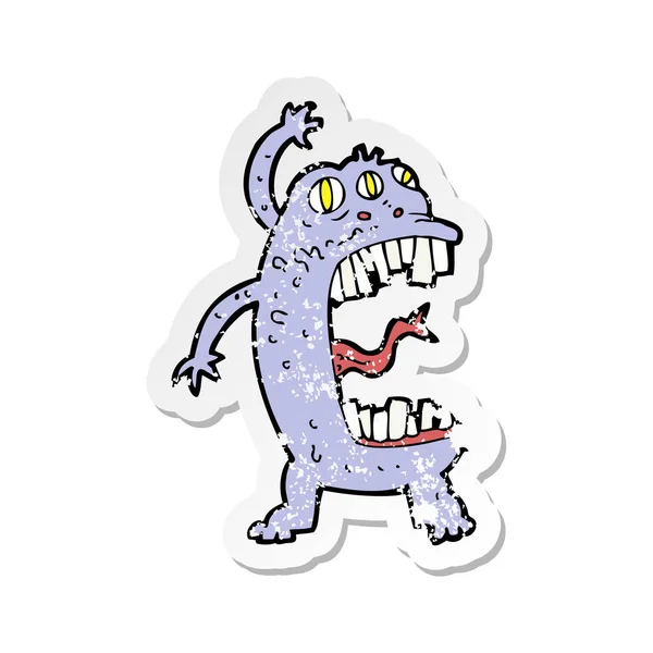 Retro noodlijdende sticker van een cartoon gek monster — Stockvector