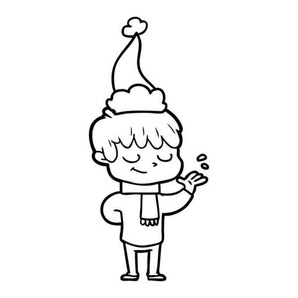 Line drawing of a happy boy wearing santa hat — Stock Vector