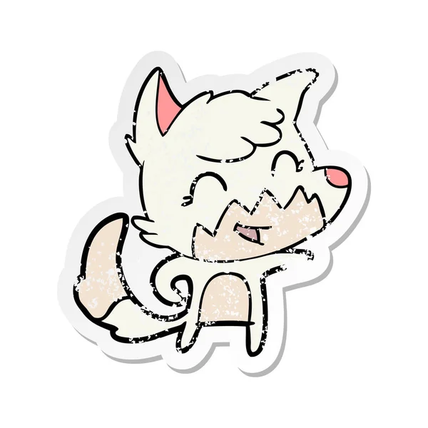 Verontruste sticker van een happy cartoon-fox — Stockvector