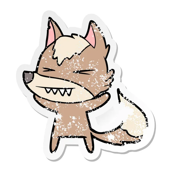 Verontruste Sticker Van Een Cartoon Van Boze Wolf — Stockvector
